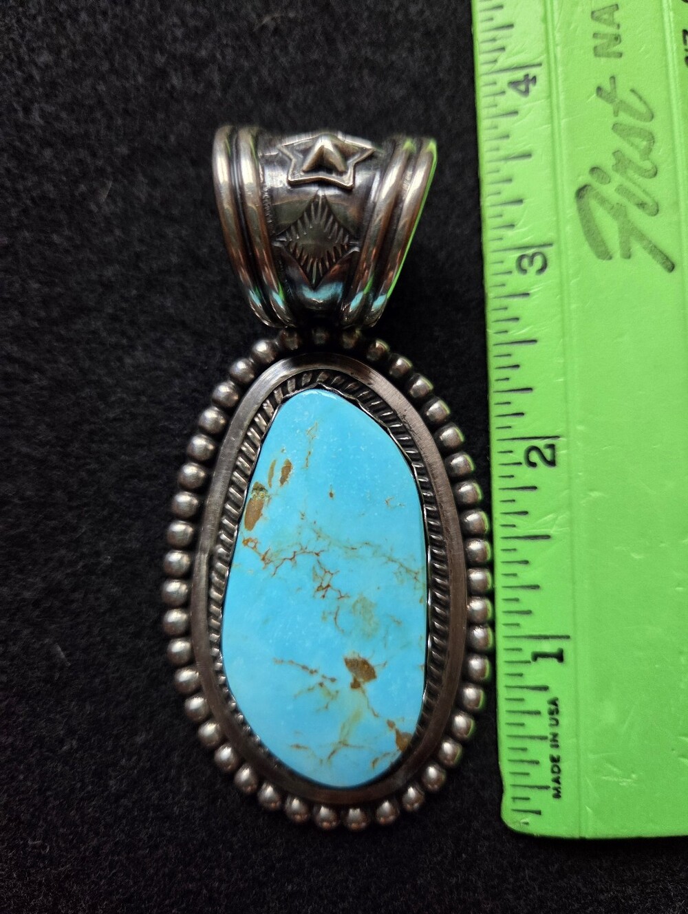 HANDMADE NAVAJO LARGE KINGMAN TURQUOISE STERLING PENDANT GLENN LIVINGSTON - Picture 8 of 10